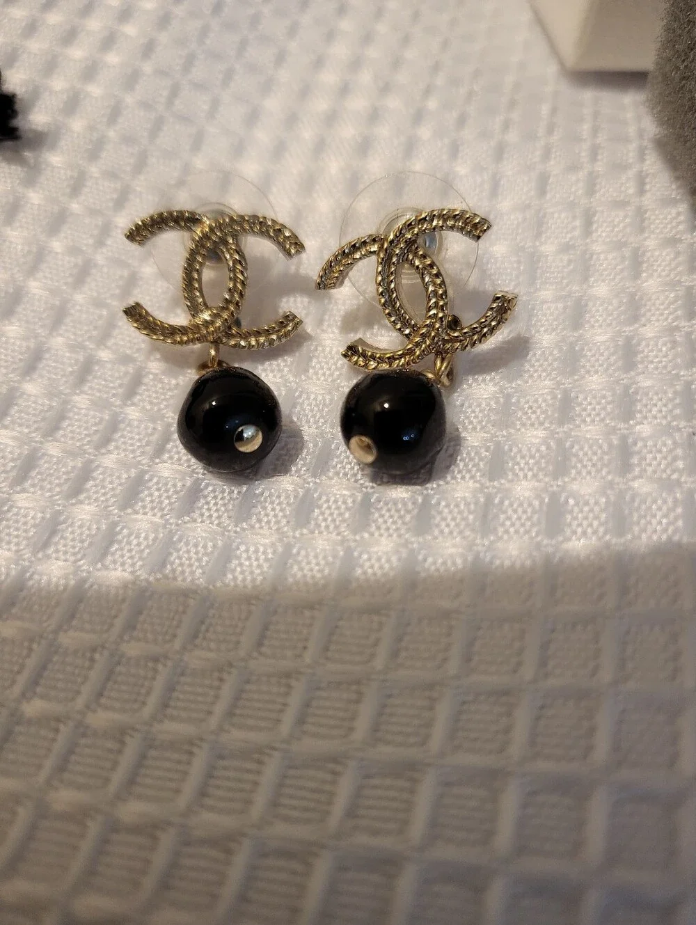 CHANEL Gold-Tone CC Drop Earrings with Black Beads